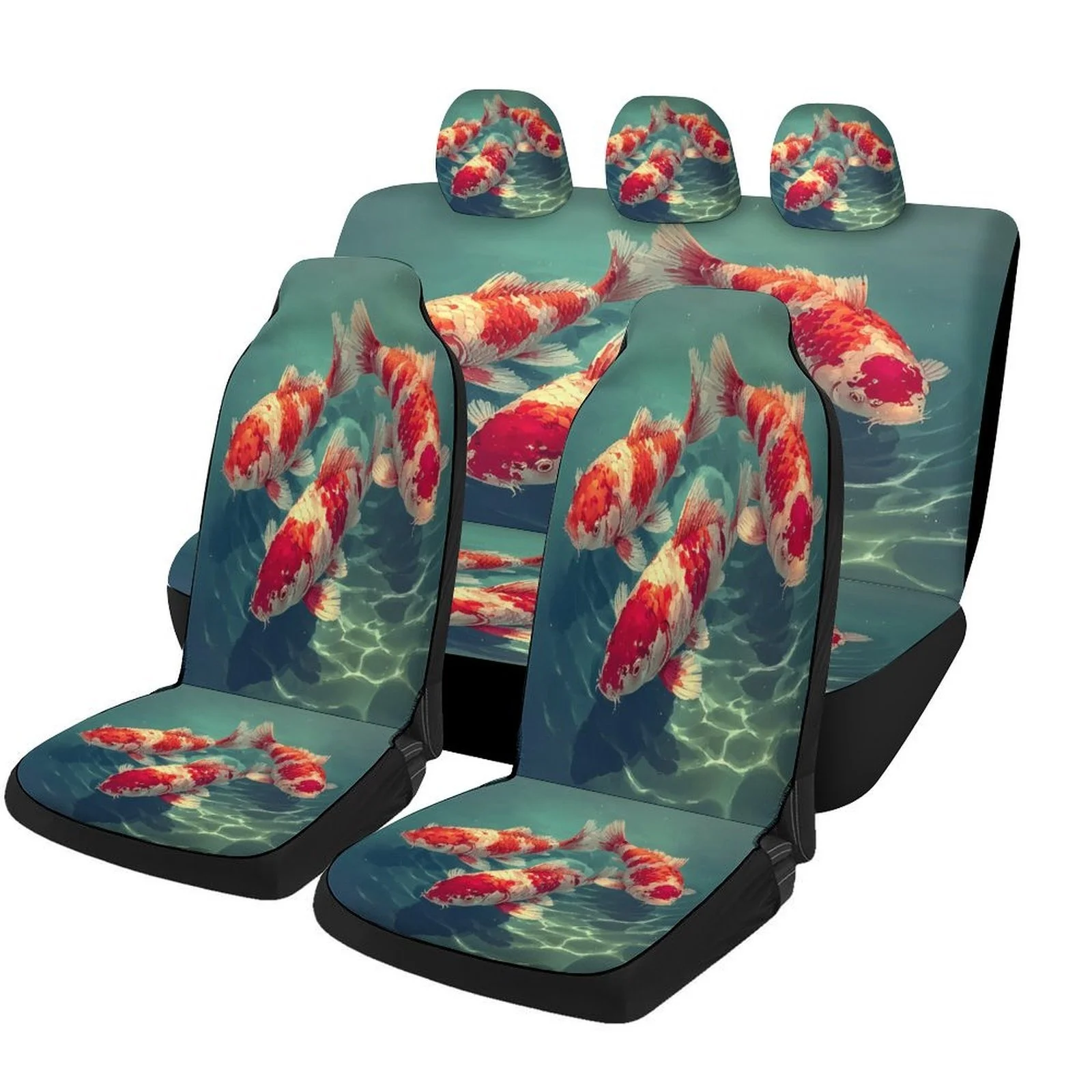 Koi Fish Swim Designed Car Seat Cover Set For Most Cars, High-quality Comfortable Car Seat Protector Covers Full Set, Car Seat