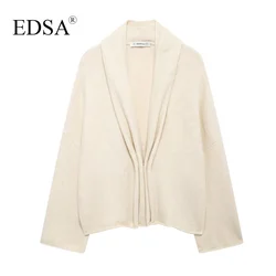 EDSA Women Beige Knit Cardigan with Gold-tone Wraparound Collar Long Sleeves Sweater Coat Outerwear