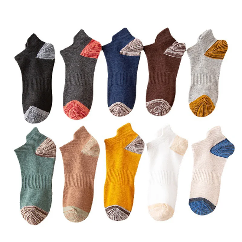 10 Pairs Men Socks Spring Summer Splicing Color Breathable Cotton Men's Low Cylinder Socks Casual Sports Shoes Short Tube Socks