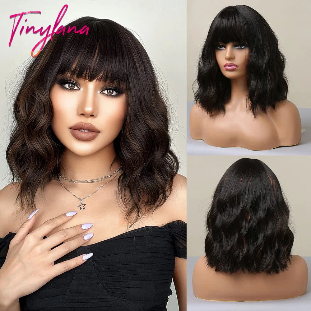 

Short Wavy Dark Brown Mixed Golden Wigs with Bangs Black Blonde Bob Synthetic Hair for Women Natural Cosplay Heat Resistant Wig