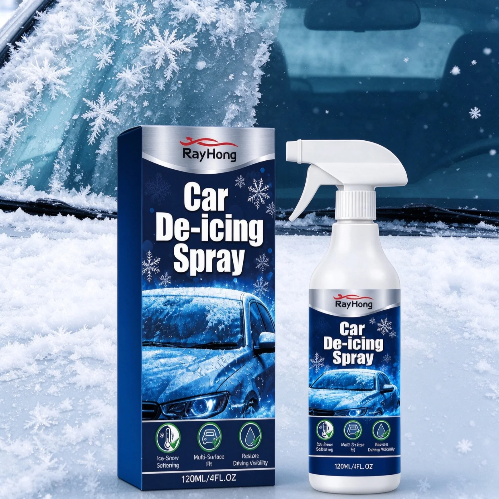 Windshield De-Icer Spray Melt Ice Snow Defrost Inhibits Re-Freezing Eliminate Barrier Restore Visibility Winter Car Care Spray