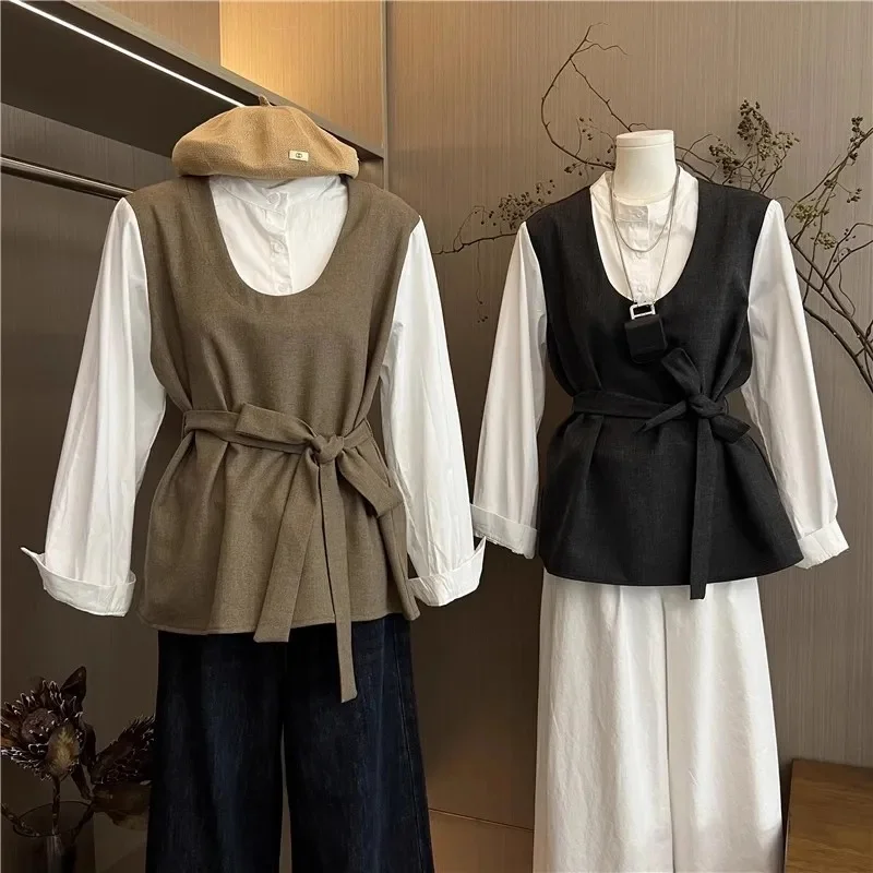 Korean Style Fake Two-Piece Spliced Long Sleeved Shirt For Women in the Spring Autumn of 2025 Beautiful a Youthful Temperament