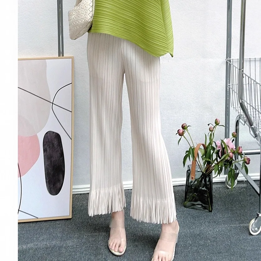 Miyake Pleated Loose Straight Leg Pants, Fashionable Tassel Lace Flared Pants, Summer Comfortable and Casual Cropped Pants