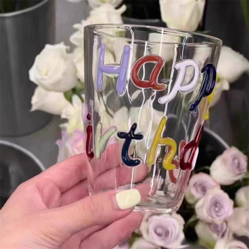 Color Letter Graffiti Handmade Creative Borosilicate Glass Ins Cartoon Transparent Round Juice Milk Cup