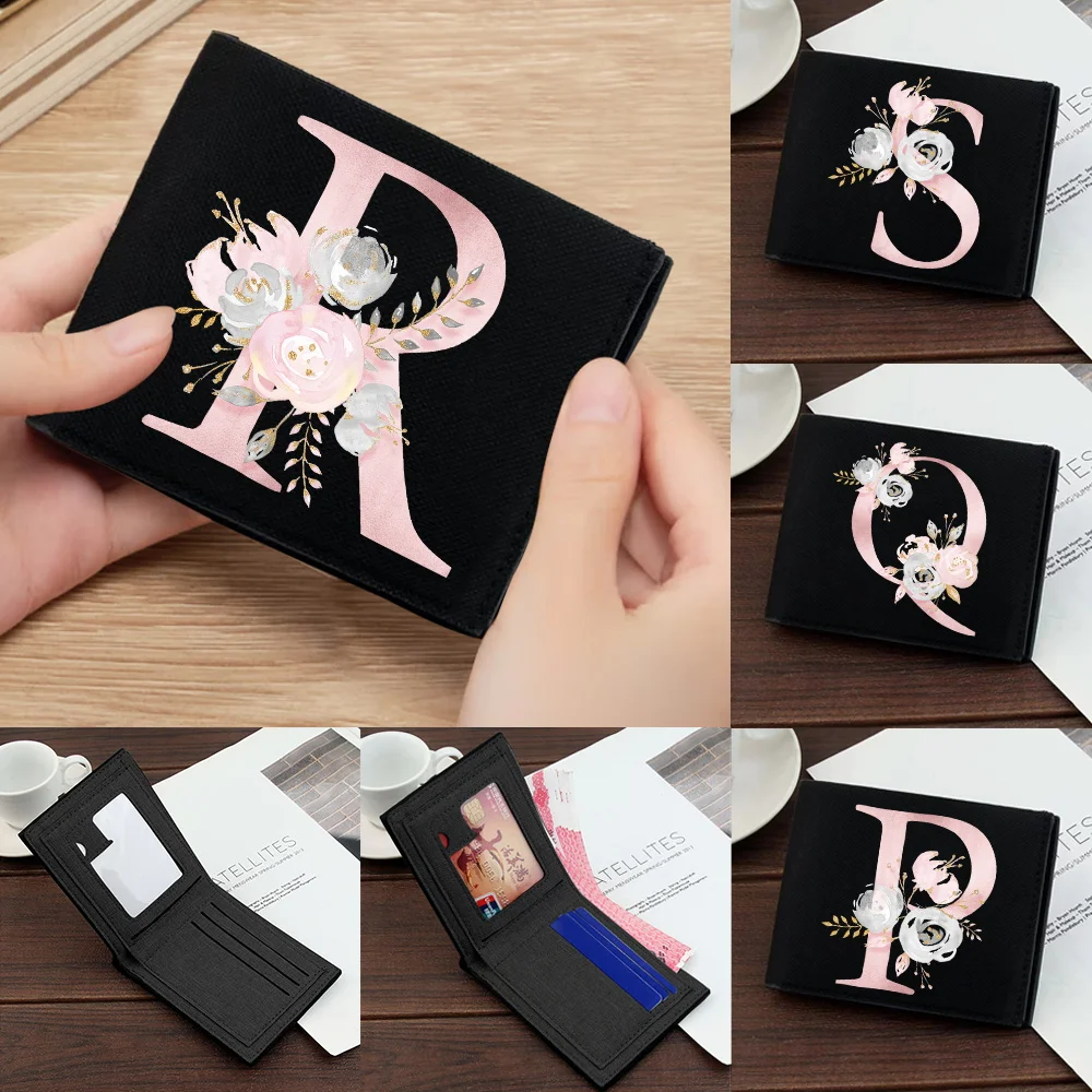 Men's Purse Coin Pouch Id Card Holder Short Canvas Card Holder Wallet Foldable High-quality Pink Flower Letter Series Wallets