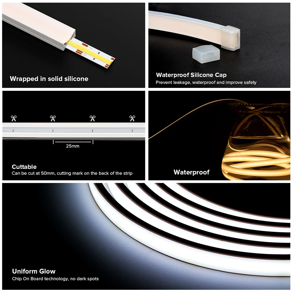 IP68 640 LEDs CCT Outdoor FCOB LED Strip Light Waterproof 24V 2700K to 6000K COB Led Lights FOB High Linear RA90 Warm Cool White