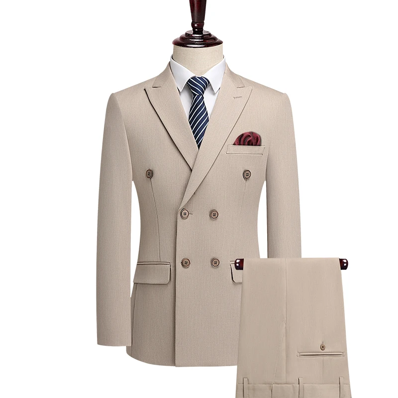 

High-quality, fashionable, stylish, versatile and trendy solid color business casual double-breasted micro-elastic three-piece s