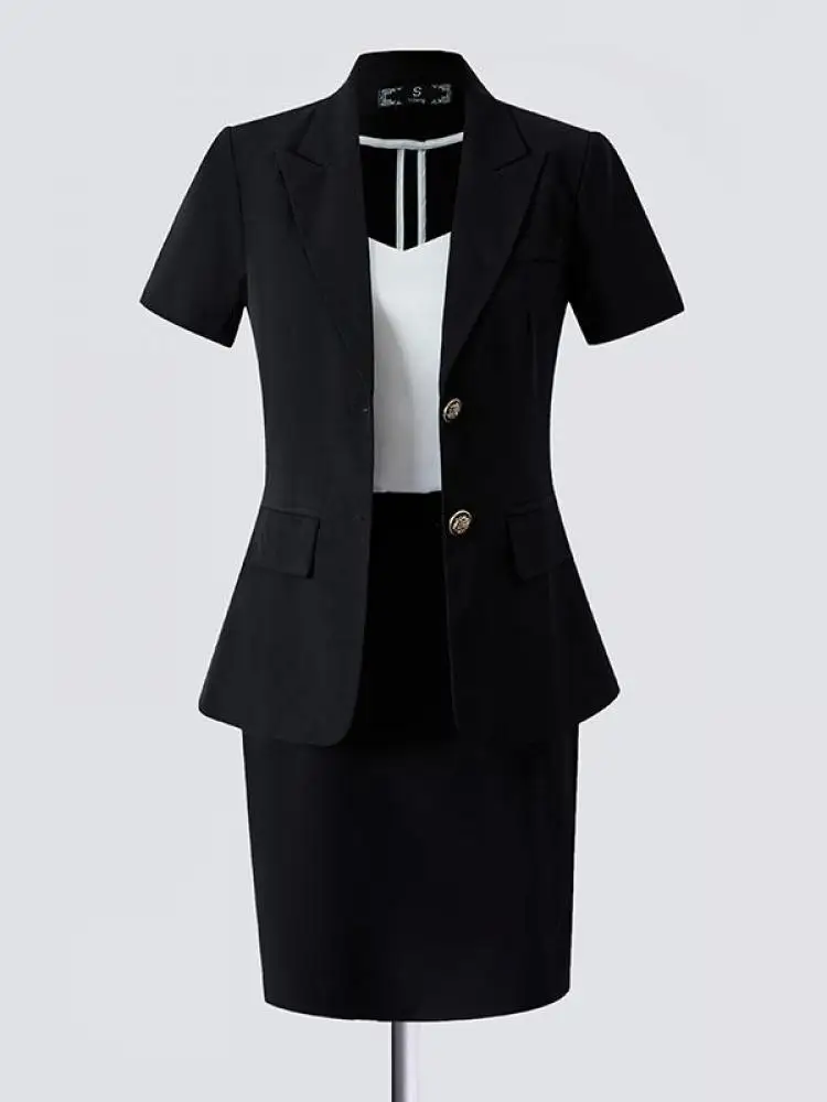 

Summer Festival 2025 Ladies Black Short Sleeved Single Breasted Blazer Tops And High Waist Mini Skirt Office Work Two-piece Suit