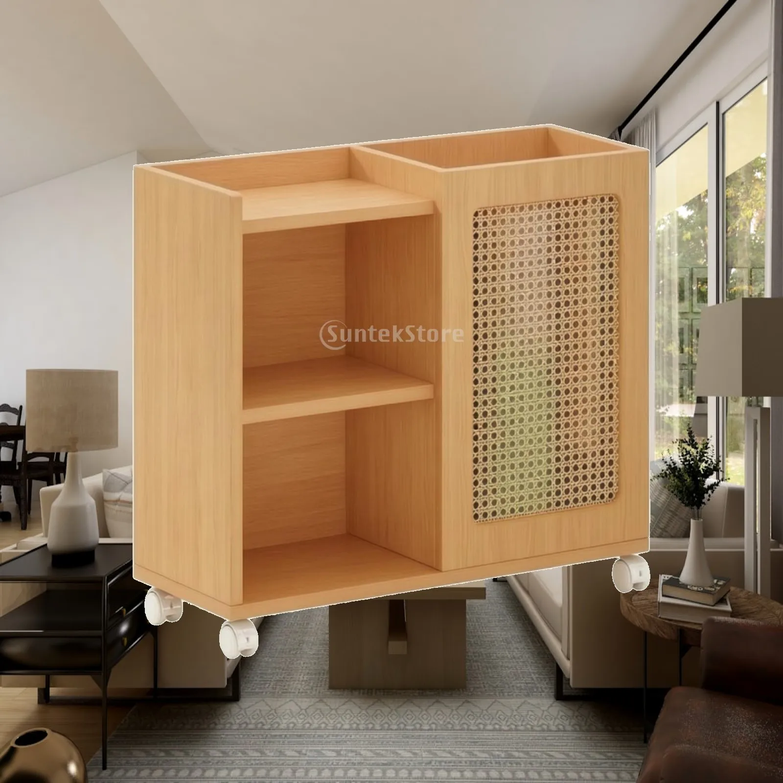 Storage Cabinet with Wheels Wooden Rattan Storage Cabinet Space-Saving for Yogis