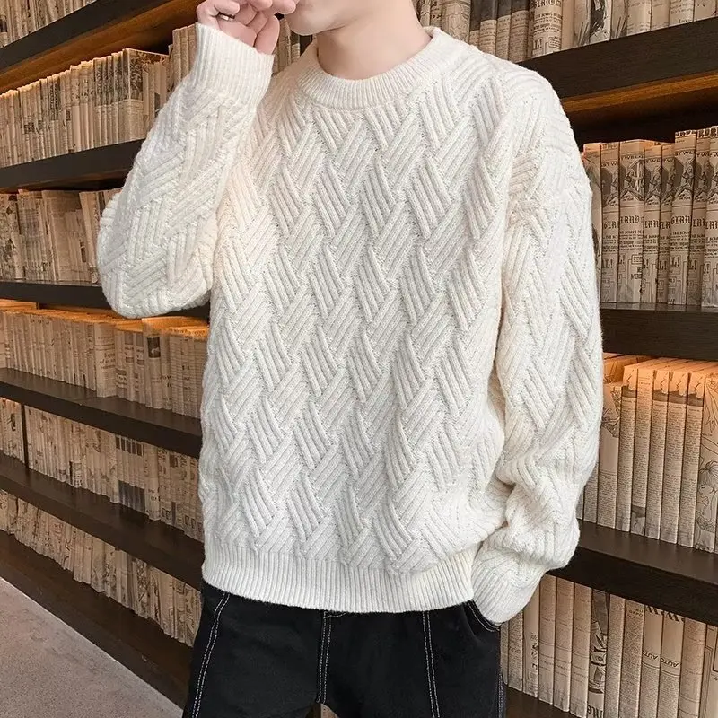 

Loose Fit Teenage Knitted Sweater Men's Trendy Brand Crew Ne Pullover Knitwear Pure Color Polyester Fiber Autumn Winter Jaet