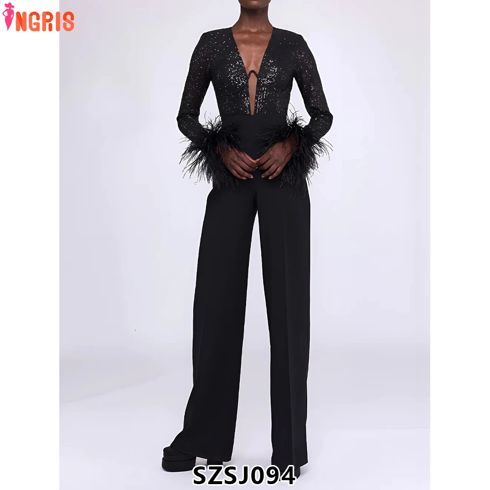 

Bettergirl Women's Wear Spring and Summer New 2025 Black Sleeve Sequin Feather Long Leg High-Looking Jumpsuit-SZSJ094