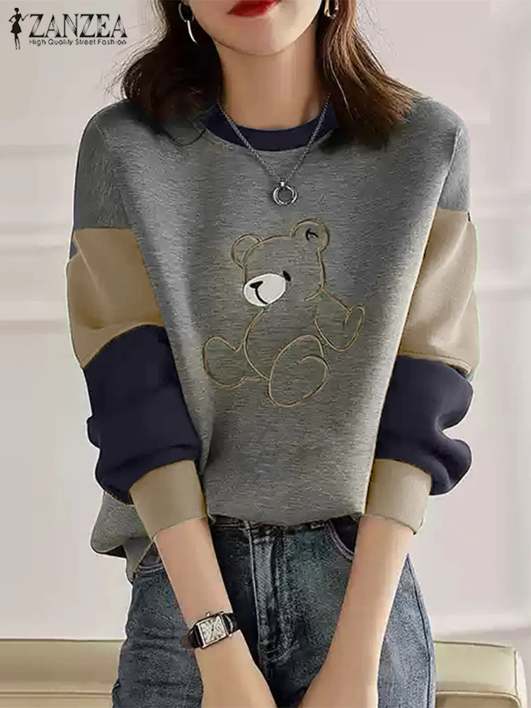 ZANZEA Women Casual Long Sleeve Sweatshirts 2024 Autumn Bear Embroidery Pullover Sweety Loose Knitted Tops Elegant O-Neck Jumper