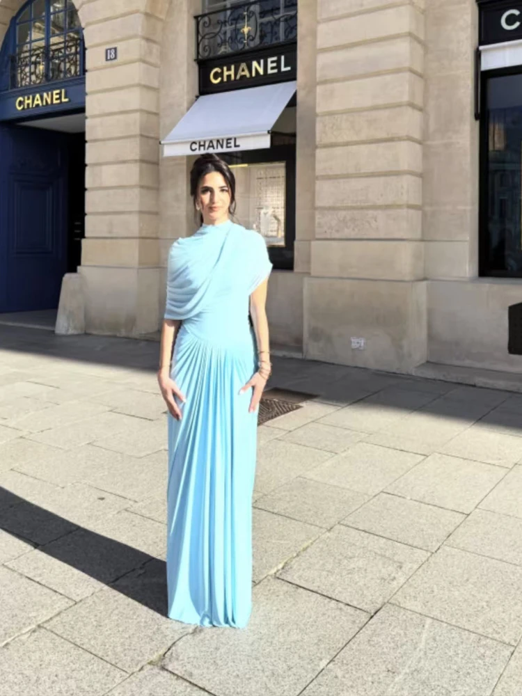 womens dresses Irregular Shawl Blue Pleated Fashion Turtleneck Slim Fit A-line Vestidos Lady High Street Elegant Robes longdress