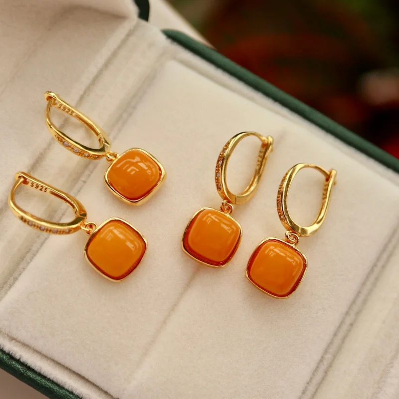 Natural Old S925 Sterling Square Amber Ear Clips Versatile Women'S Silver Earrings