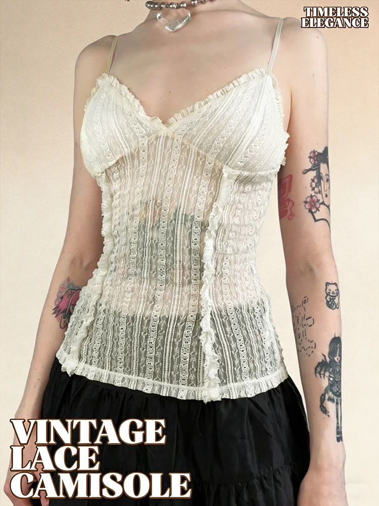 Vintage Spitzen-Camisole für Damen, Baddie-Ästhetik, butterweich, zart, mit Rüschensaum, perfekt zum Schichten, für Dates, trendiges Damen-Oberteil