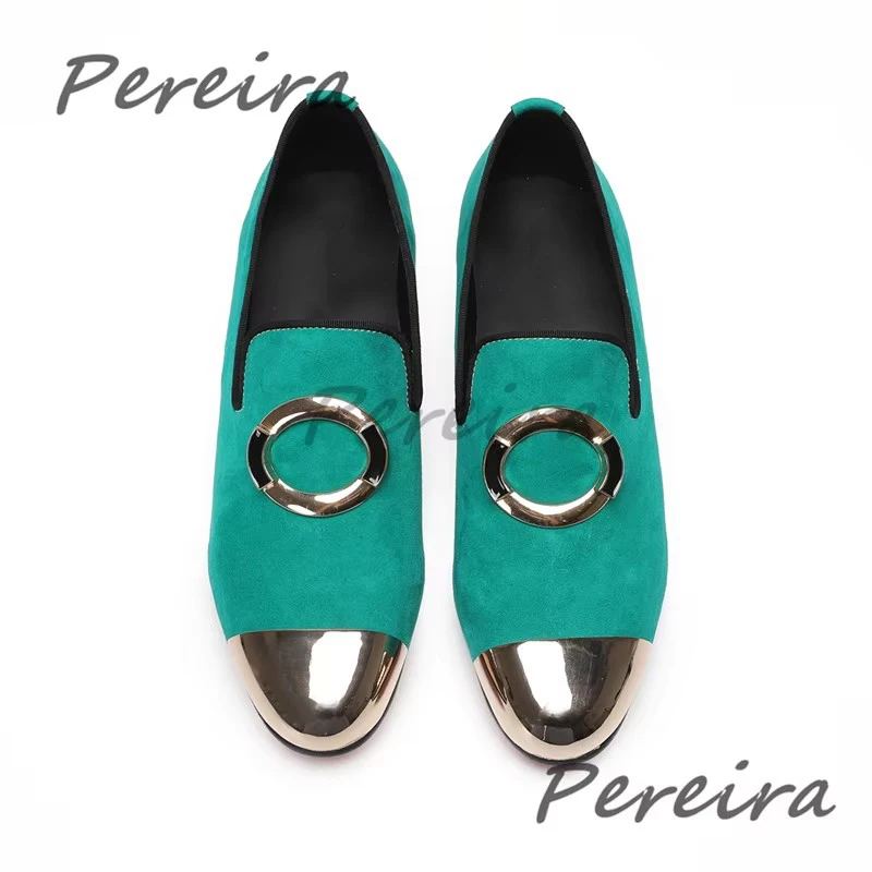 

Green Suede Casual Business Shoes Men's Metal Decor Round Toe Slip-On Loafers Comfortable Genuine Leather Handmade Flat Shoes