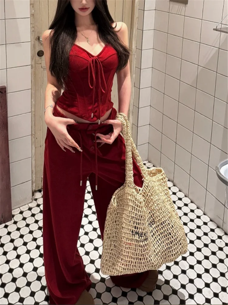

American Style Women Fashion Red Two Piece Sets Y2k Hot Girl Slim Camis Tank Top&High Waist Wide Leg Pants Casual 2pc Tracksuits