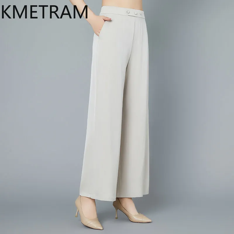 KMETRAM 90% Real Mulberry Silk Trousers Women 2026 Summer Loose High-waisted Straight-leg Pants Female Clothing Pantalones Mujer