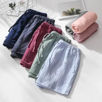 ฤดูร้อนคู่กางเกงนอน Cotton Crepe ชุดนอนสําหรับบุรุษและสตรีกางเกงขาสั้นเอวยางยืดกางเกงนอนกางเกงขาสั้น