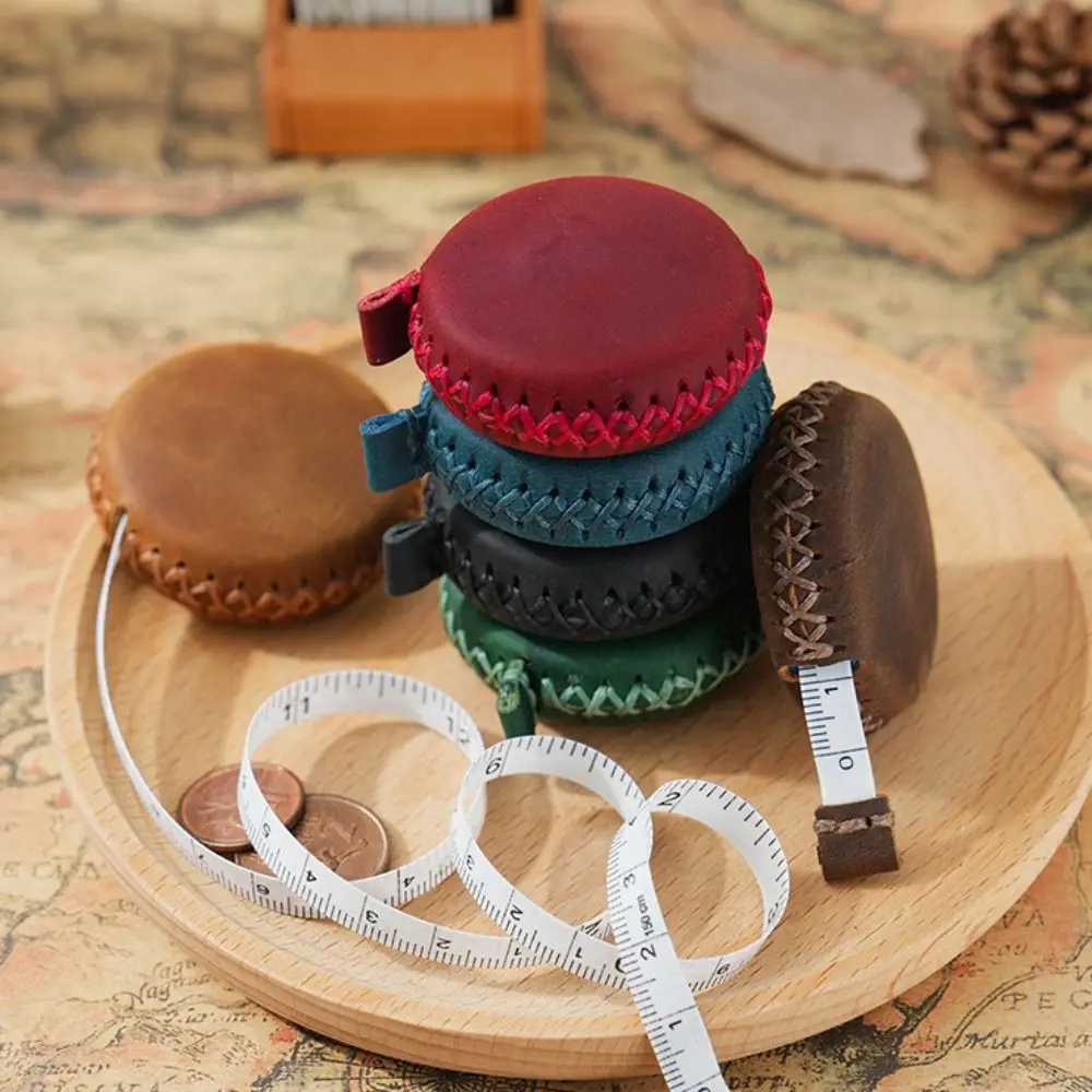 Mini Handmade Leather Tape Measure Vintage Portable Roll Measure Tape Cowhide Leather 1.5M RetractableTape Measure Sewing Tools