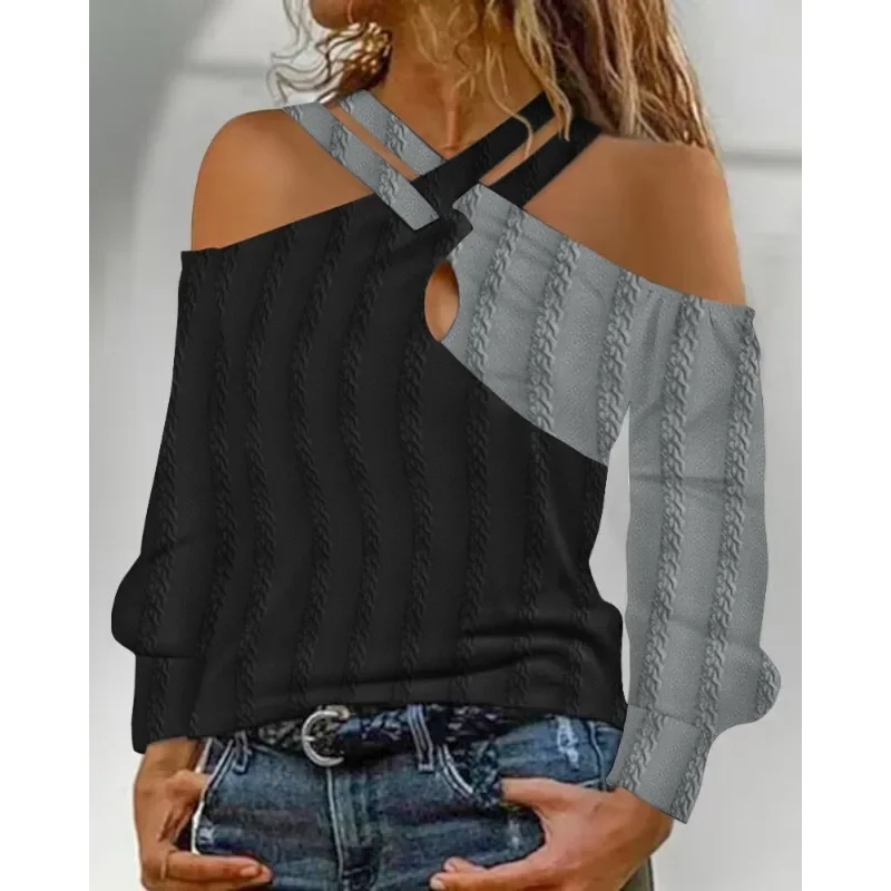 Colorblock Crisscross Cold Shoulder Textured Top Y2K Chic Clothes Women Elegant Long Sleeve Shirt Streetwear