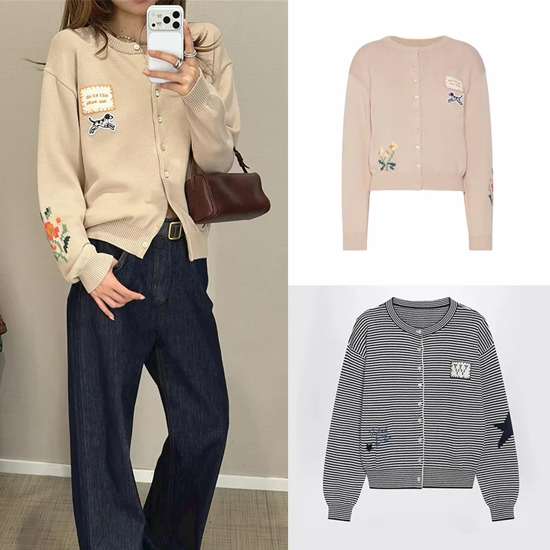 Jacquard Patch Embroidered Women 2 Colors Round Neck Single Breasted Fashion Sweater Top 2026 Autumn