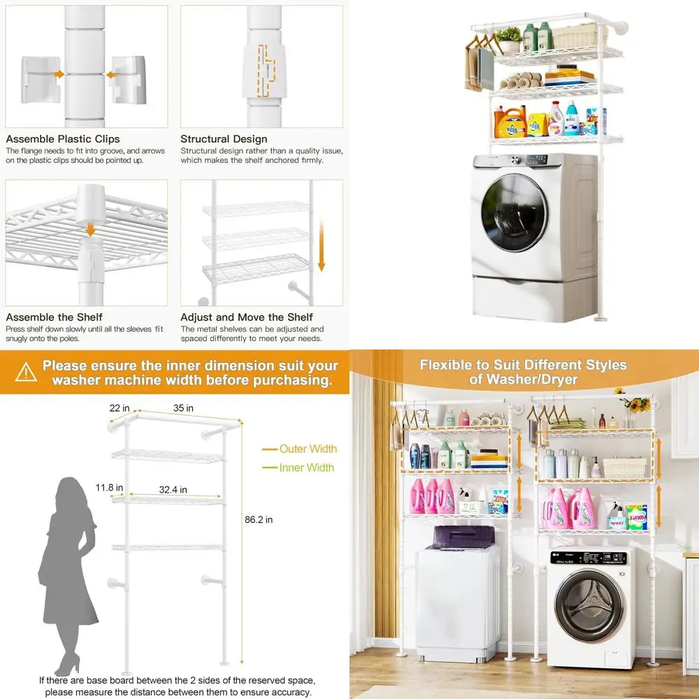 

Белая настенная полка для белья с регулируемыми полками и вешалкой, 35 Вт x 22 D x 86,2 В, поддерживает 352 фунта