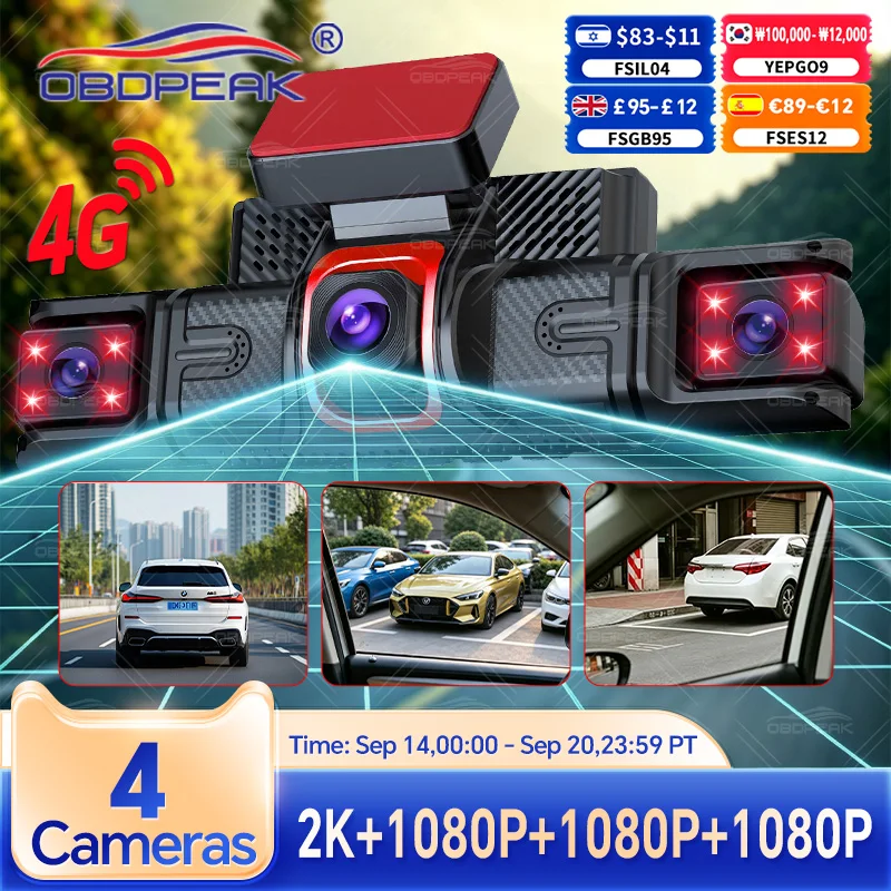 OBDPEAK 4 Channel Hidden Dash Cam with APP 2K HD Night Vision 24H Parking Monitor G-Sensor Loop Recording ADAS LCA