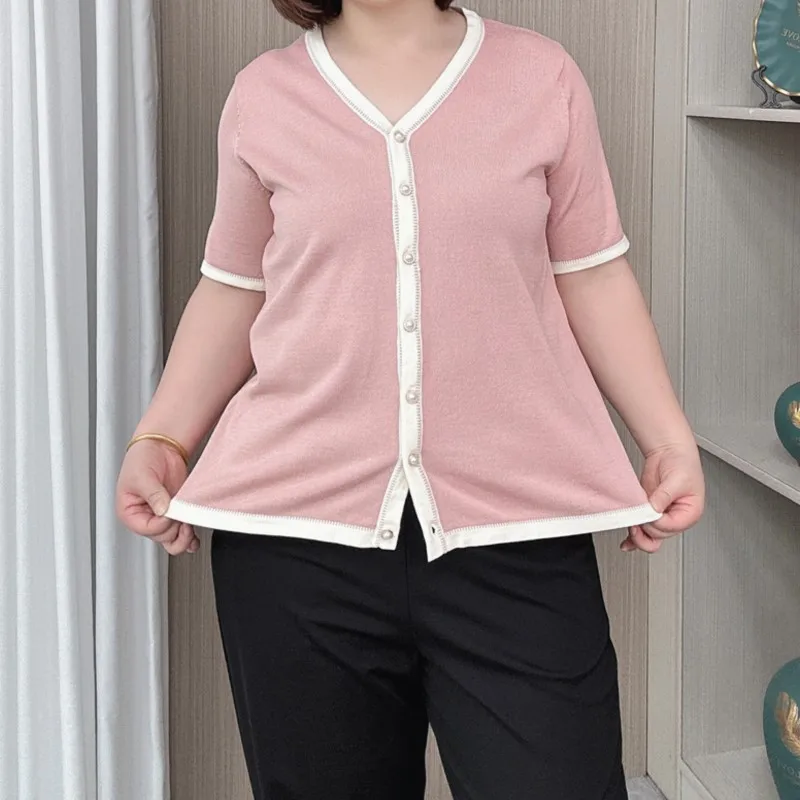 Ice Silk Knitted Cardigan Women Summer 2024 New Plus Size Thin Chic Design V-neck short-sleeve T-shirt