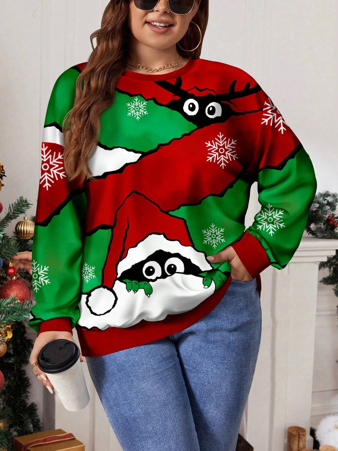 

Autumn And Winter Women'S Christmas Round Neck Sweatshirt Long Sleeved Pullover Loose Oversized Sports Casual Fashion Shirt