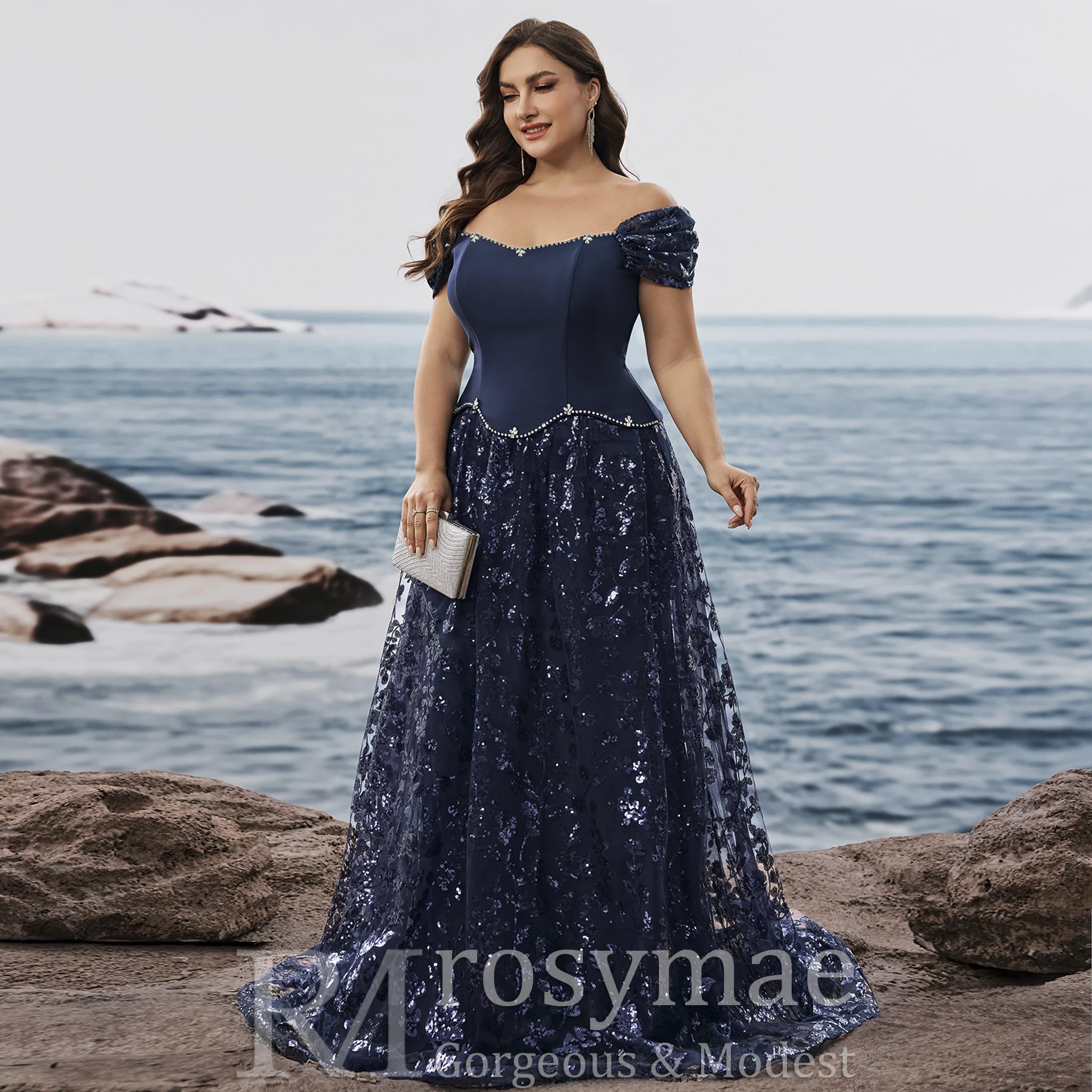 Rosymae vestidos formales de talla grande azul marino vestidos largos de fiesta de boda de lujo para mujer