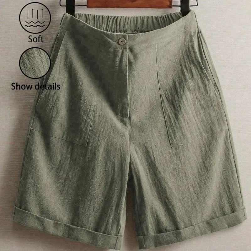 Women's Casual Cotton Linen Knee-Length Shorts Summer Elastic Waist Bermuda Shorts with Pockets female street wear Hot sell