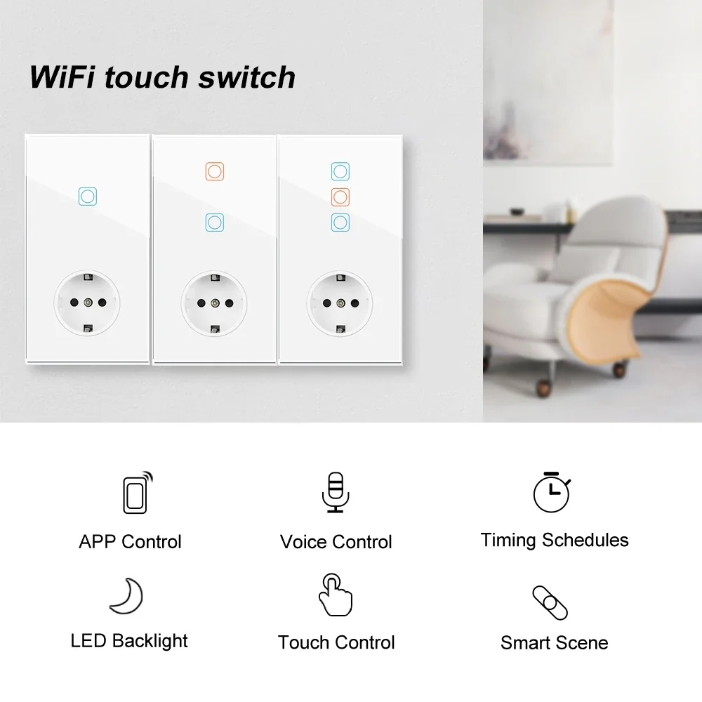 VISWE Wifi Smart Switch, painel de vidro temperado preto 153mm * 82mm Interruptor de toque e soquetes de parede da UE 220V Alexa Tuya Controle remoto