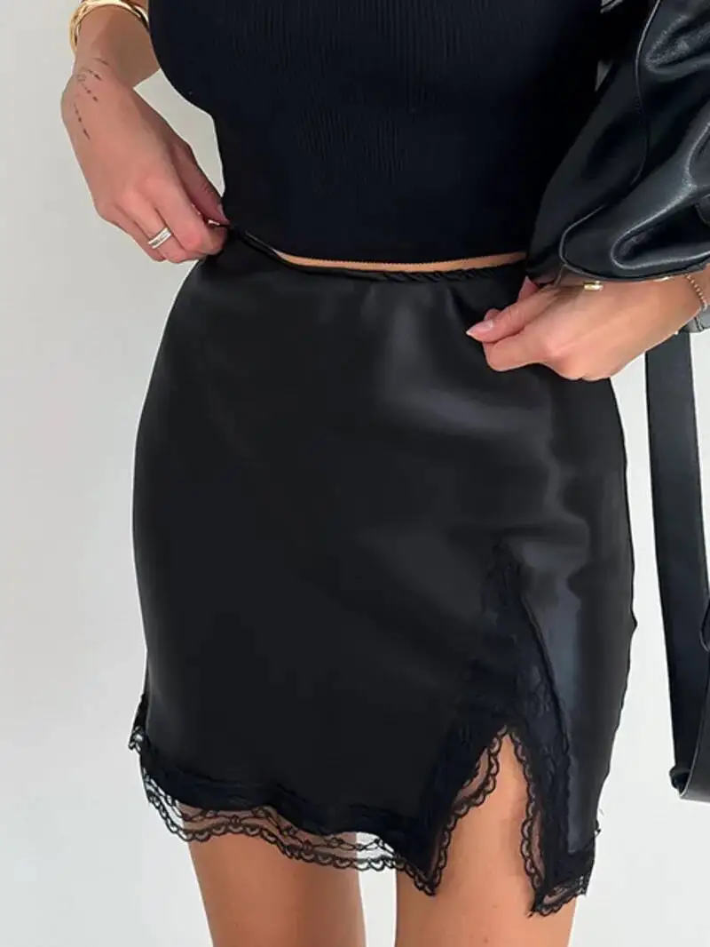 Élégant Satin broderie crayon jupes été Sexy taille haute fendu Mini jupes pour les femmes mode mince jupe femme 2025 KL97