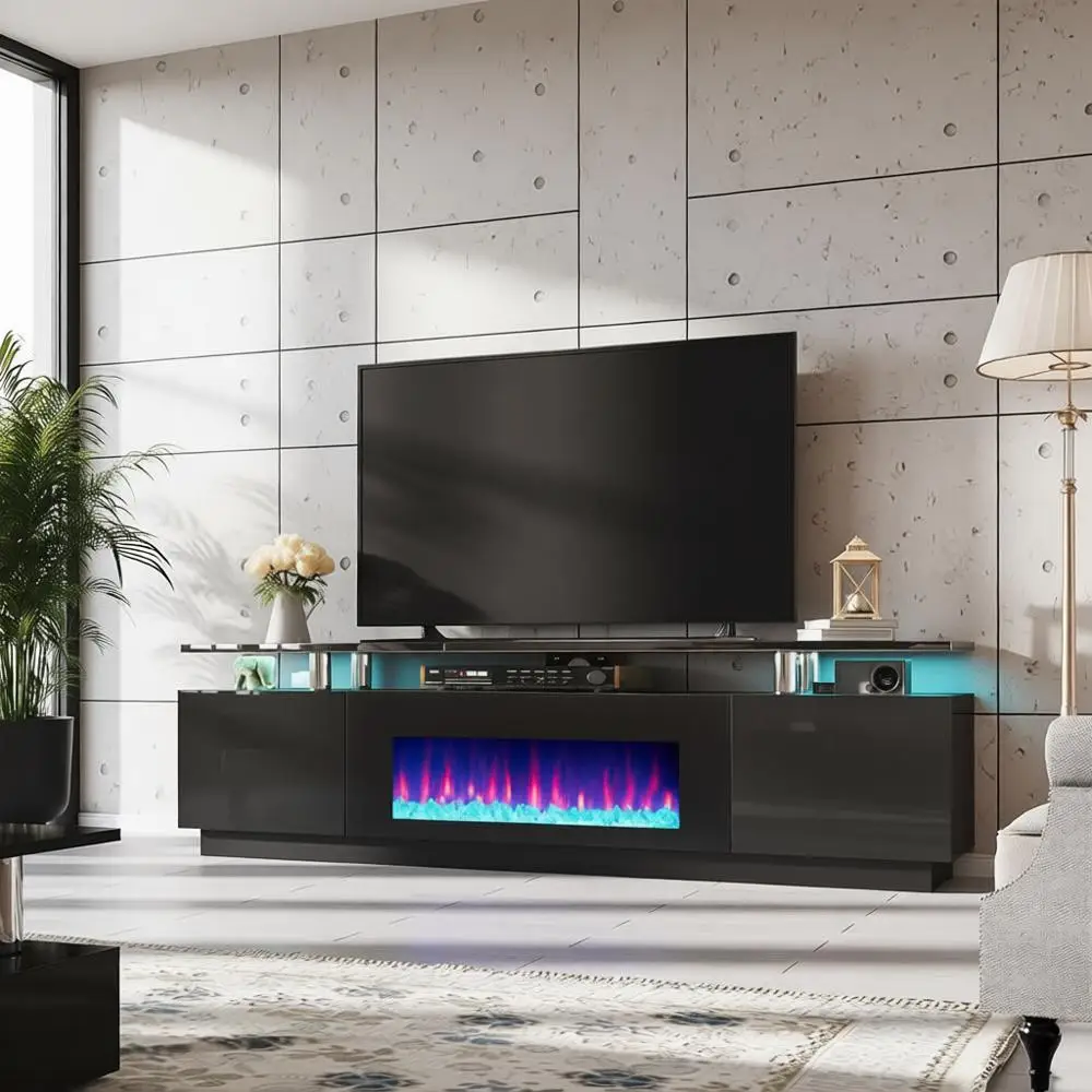 

Подставка для телевизора 40 дюймов, развлекательный центр 80 дюймов со светодиодной подсветкой, 2-уровневый шкаф для телевизоров до 90 дюймов, цвет обсидиановый черный