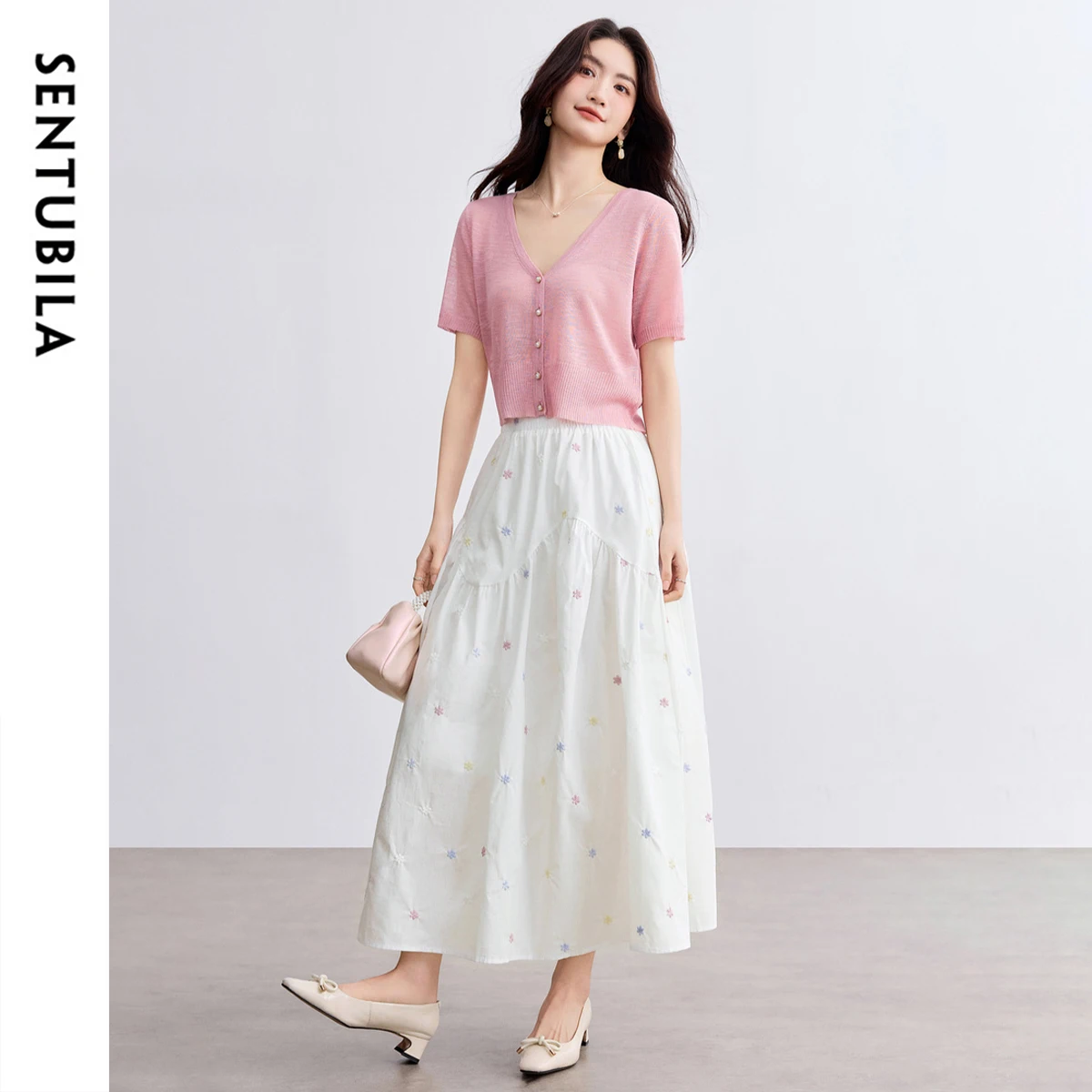 

SENTUBILA Woman 2025 New Collection Traf Plant-Based Embroidered A-Line Midi White Skirt Elegant Summer Ladies Clothes W52QG2211