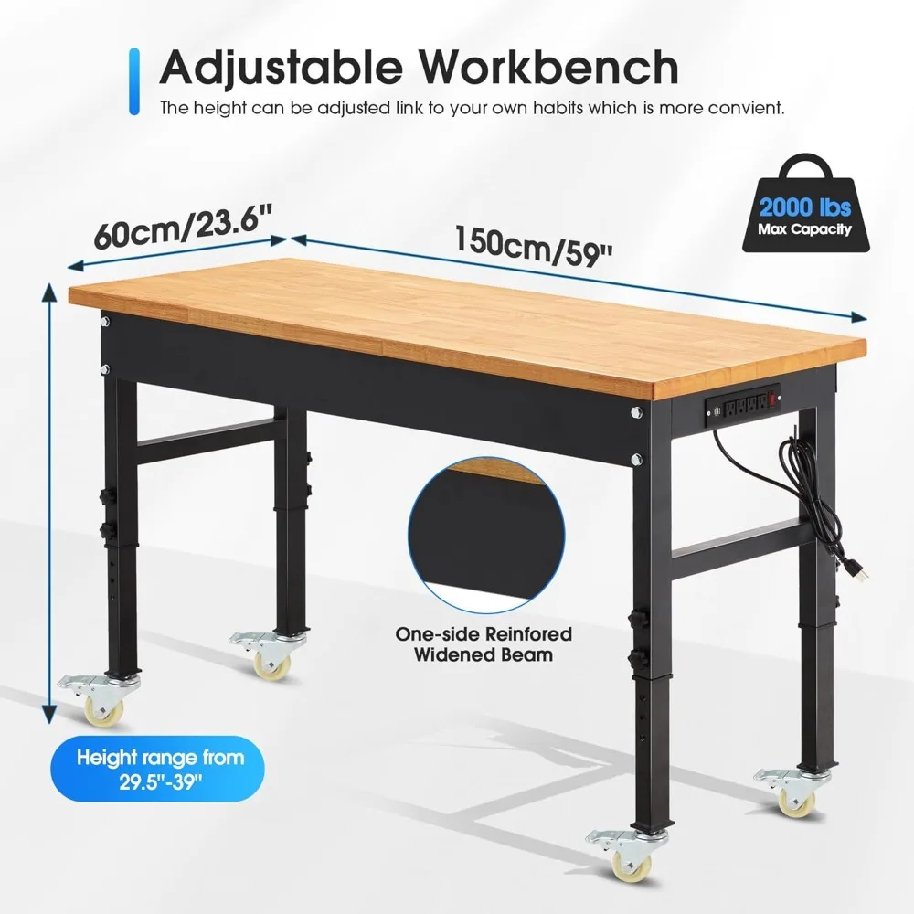 منضدة عمل قابلة للتعديل على عجلات، محطة عمل شديدة التحمل بقدرة 2000 رطل مع منافذ طاولة عمل من الخشب المطاطي للمرآب #6