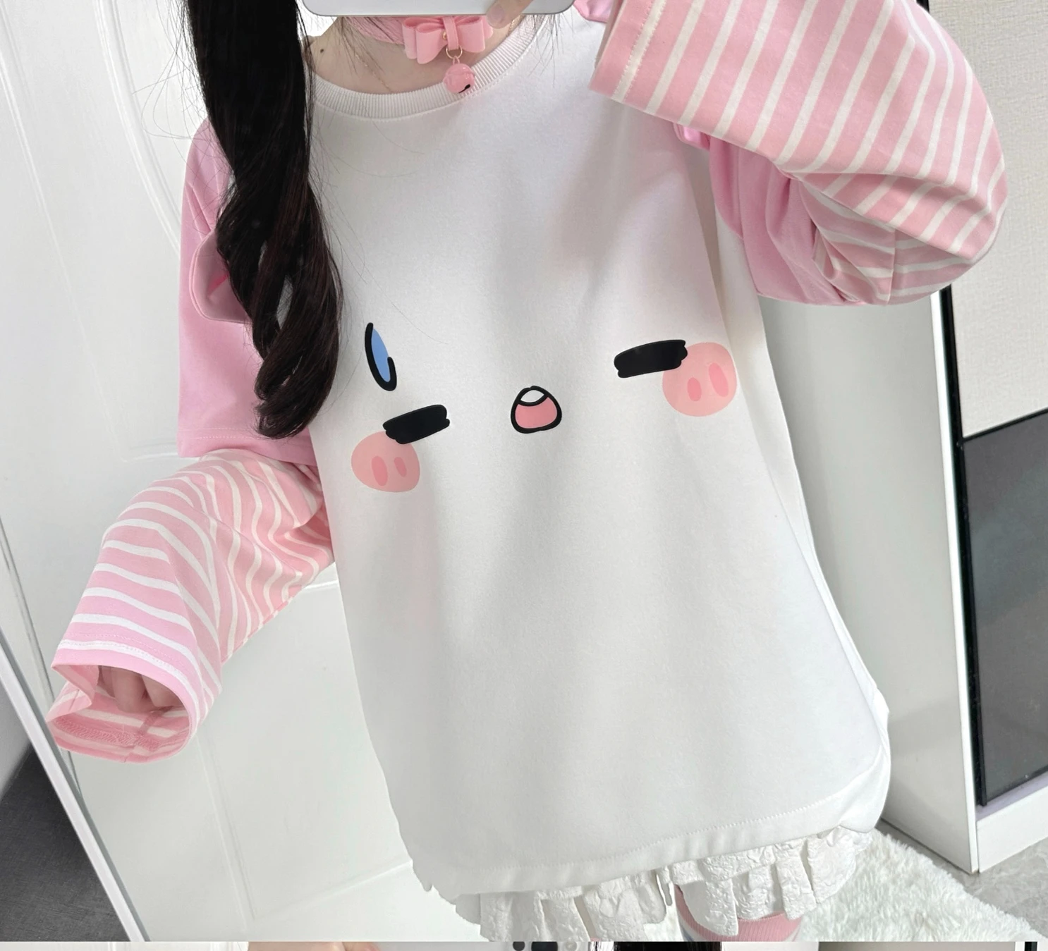 Original Japanese Girl Sweet Striped Hoodies Women Autumn Loose Casual Print Fake Two Pieces Long-sleeved Top Y2k Sweatshirts