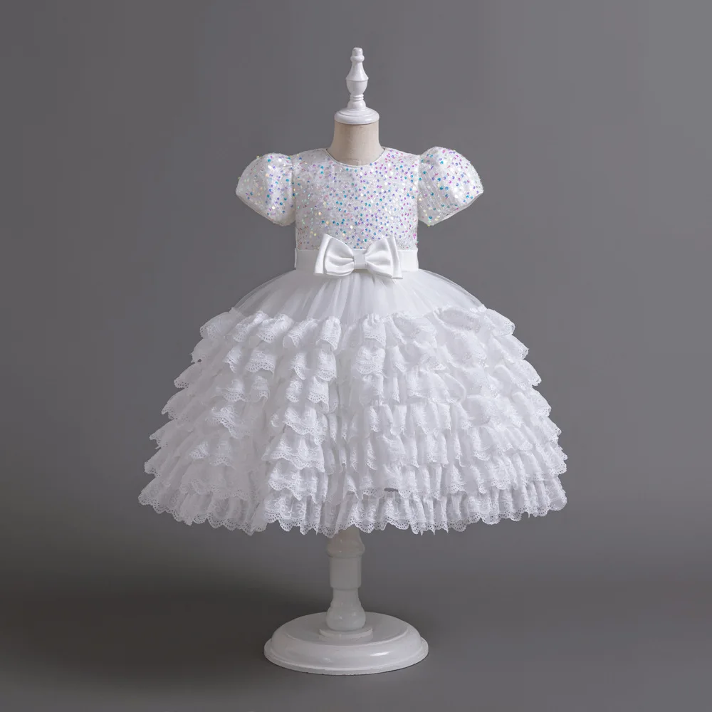 2024 Children Clothing Baby Girl Puffy Big bow Dresses Birthday Elegant Princess Prom Dress for Kids Lace Short sleeve Ball Gown