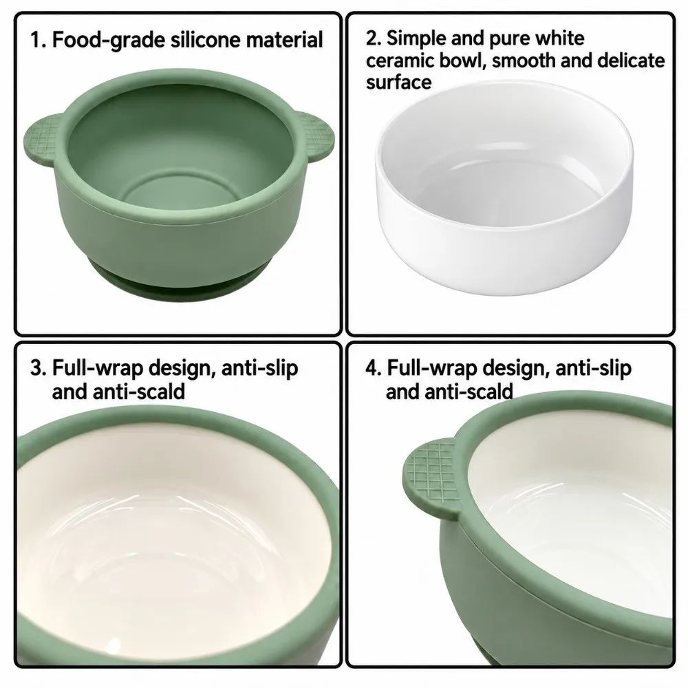 Ceramic Baby Feeding Bowl with Silicone Suction Cup Anti Drop Children's Complementary Food Bowl Divided Into Compartments