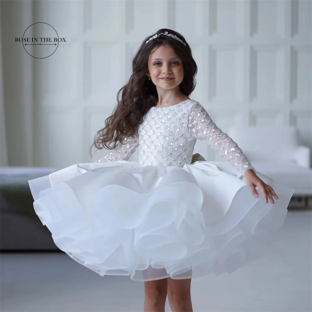 White Flower Girl Dress Long Sleeves Kids Wedding Sequin Lace Tutu Dresses Toddler Princess Birthday Party First Communion Gown