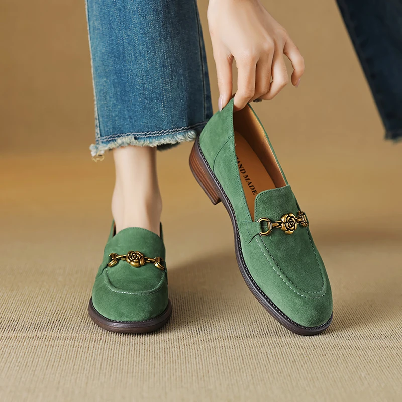 

Fashion Women camellia Loafers Flats Heels Genuine Leather Sheepskin Suede Round Toe Casual Shoes Retro Women Shoes Size 34-40