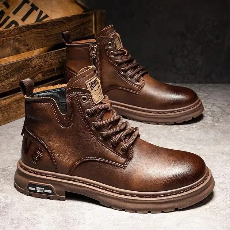 Luxury Men Ankle Boots Retro British High-top Men Boots Fashion High Quality Leather Shoes 2025 New Outdoor Men Motorcycle Boots