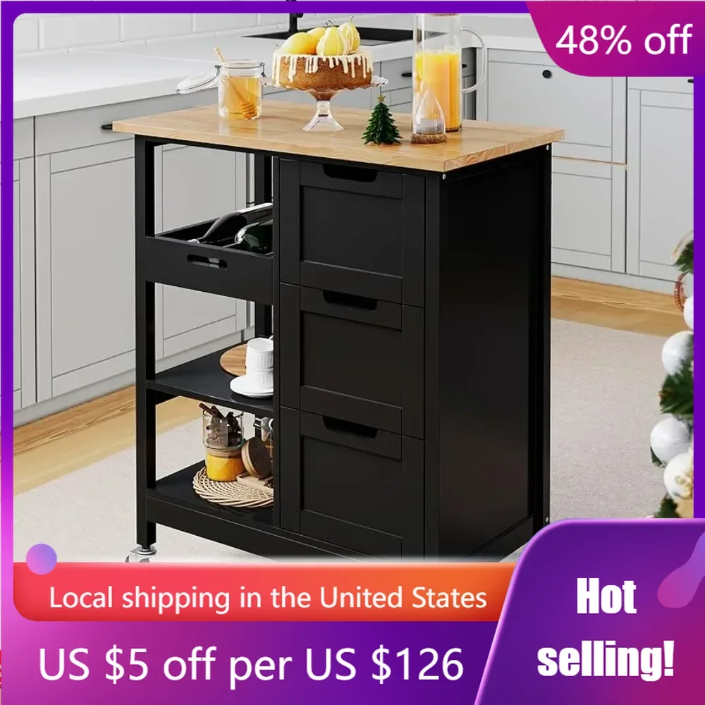 

Kitchen Cart for Home Rolling Serving Utility Trolley Cart on Wheel With 3 Drawers and 3 Storage Shelves Bar Black Freight Free