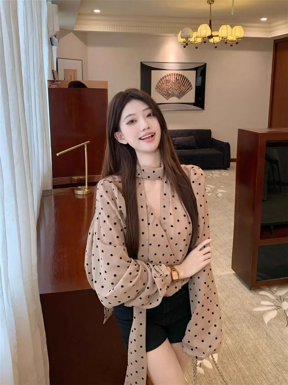 

Ladies' Gentlewoman Style Shirt Loose Long Sleeve Polka Dot Sash Autumn 2025 New Fashion Korean Version Slimming Top