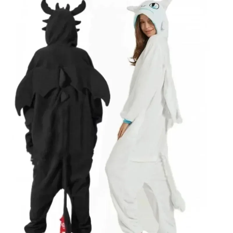 Pijamas de animales unidos de dibujos animados de franela, dragón blanco tamizado, ropa gruesa para el hogar, pijama de punto, disfraz para adulto, Cosplay