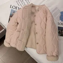 Autumn Winter Quilted Jacket Buttons Fleece Cotton Coat Women Clothing Trend Design Outerwear Short Tops Warm Korean Chic Parkas