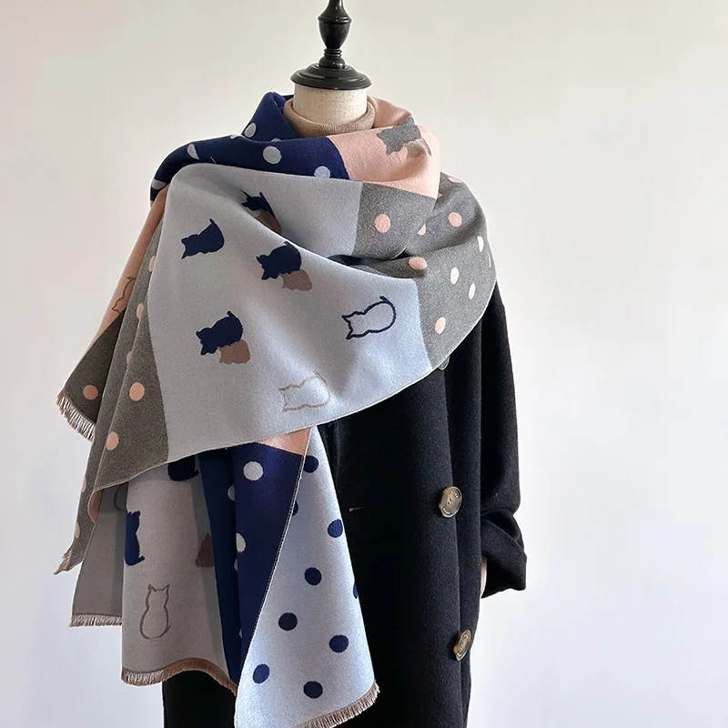 2023 Autumn Winter New Luxury Deisgn Imitated Cashmere Scarf Women Cat Print Outdoor Keep Warm Thick Shawl Soft Large Scarf Lady