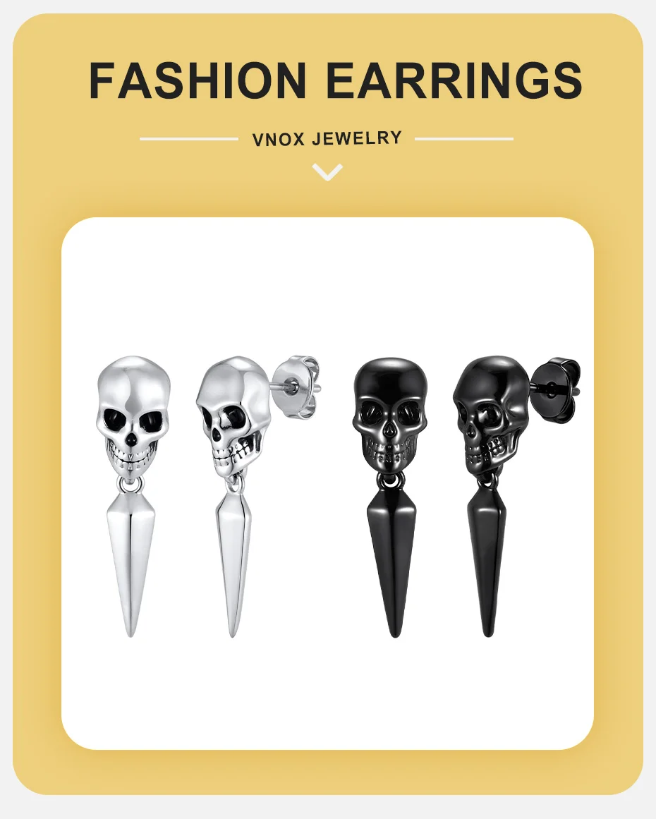 Vnox Totenkopf-Spike-Ohrhänger für Herren, Edelstahl, Gothic-Skelett-Nieten-Ohrstecker, Punk-Rock-Hip-Hop-Ohrschmuck, Geschenk – Detail 1