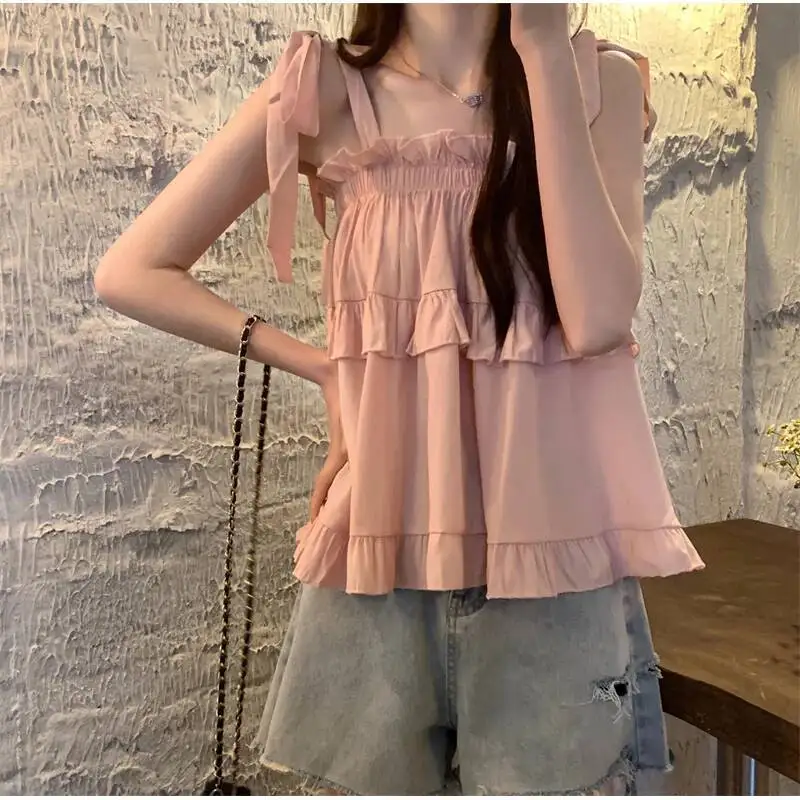 Ruches Shirts En Blouses Korea Stijl Effen Mode Vrouw Blouse 2025, Spaghetti Top Vrouwen Zomer Slash Hals Kleding Nieuwe